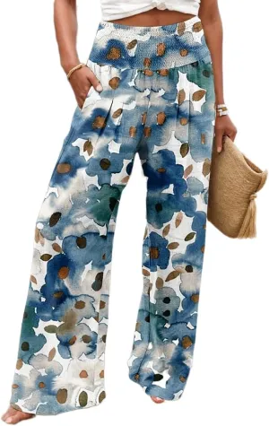 TIAFORD Wide Leg Palazzo Pants for Women Floral Printed Elastic High Waist Linen Pants Flowy Beach Trousers with Pocket