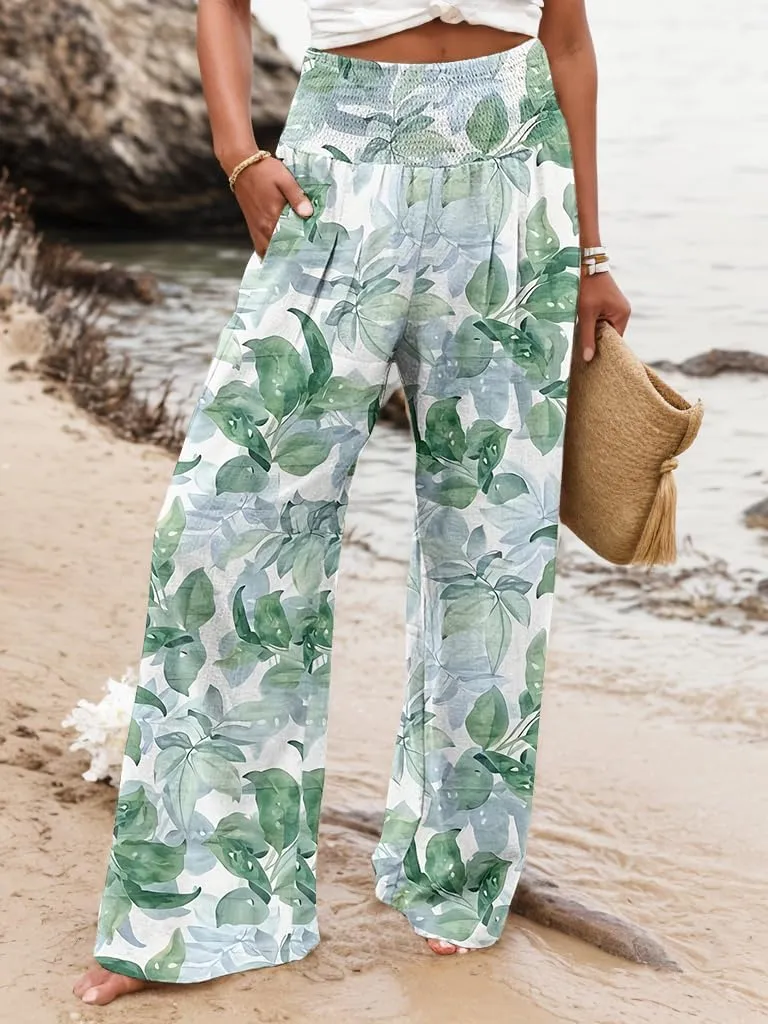 TIAFORD Wide Leg Palazzo Pants for Women Floral Printed Elastic High Waist Linen Pants Flowy Beach Trousers with Pocket