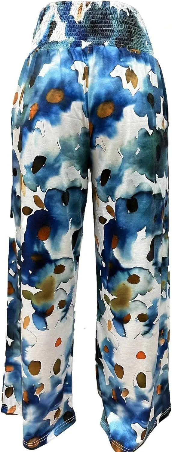 TIAFORD Wide Leg Palazzo Pants for Women Floral Printed Elastic High Waist Linen Pants Flowy Beach Trousers with Pocket