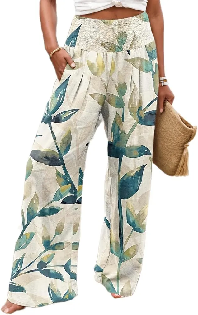 TIAFORD Wide Leg Palazzo Pants for Women Floral Printed Elastic High Waist Linen Pants Flowy Beach Trousers with Pocket