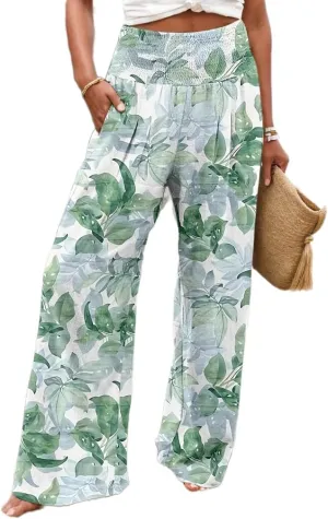 TIAFORD Wide Leg Palazzo Pants for Women Floral Printed Elastic High Waist Linen Pants Flowy Beach Trousers with Pocket