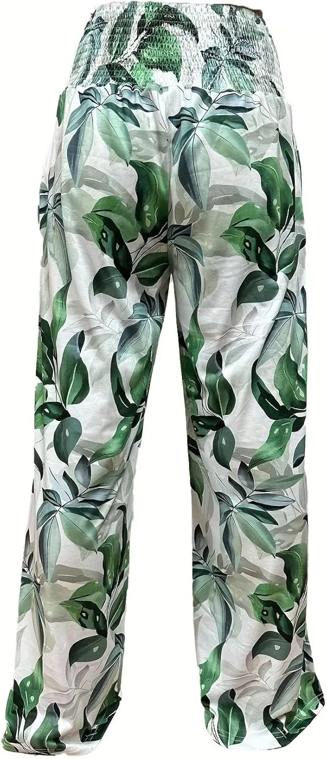 TIAFORD Wide Leg Palazzo Pants for Women Floral Printed Elastic High Waist Linen Pants Flowy Beach Trousers with Pocket