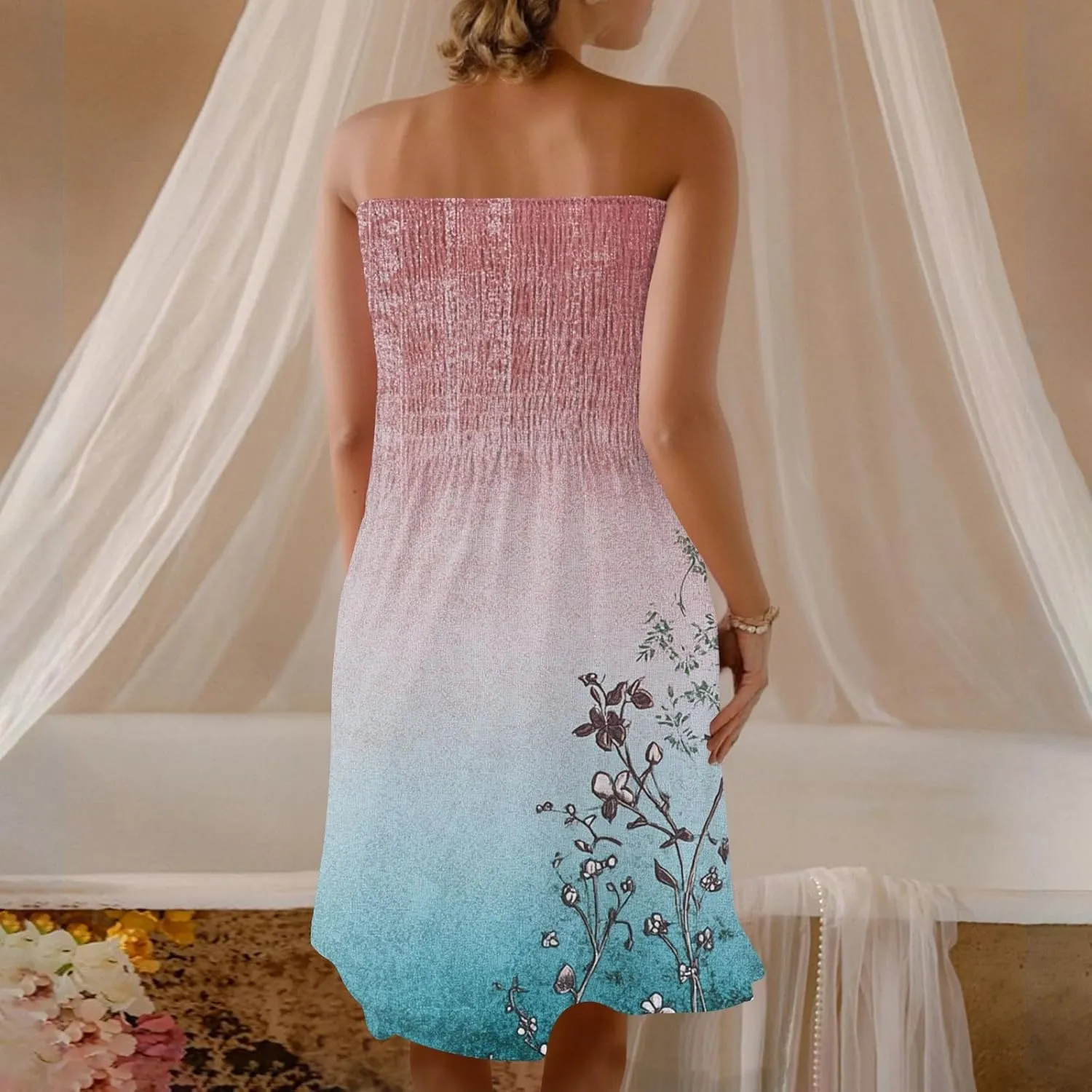 Tube Top Dresses for Women Summer Beach Cover Ups Strapless Boho Floral Print Sundress