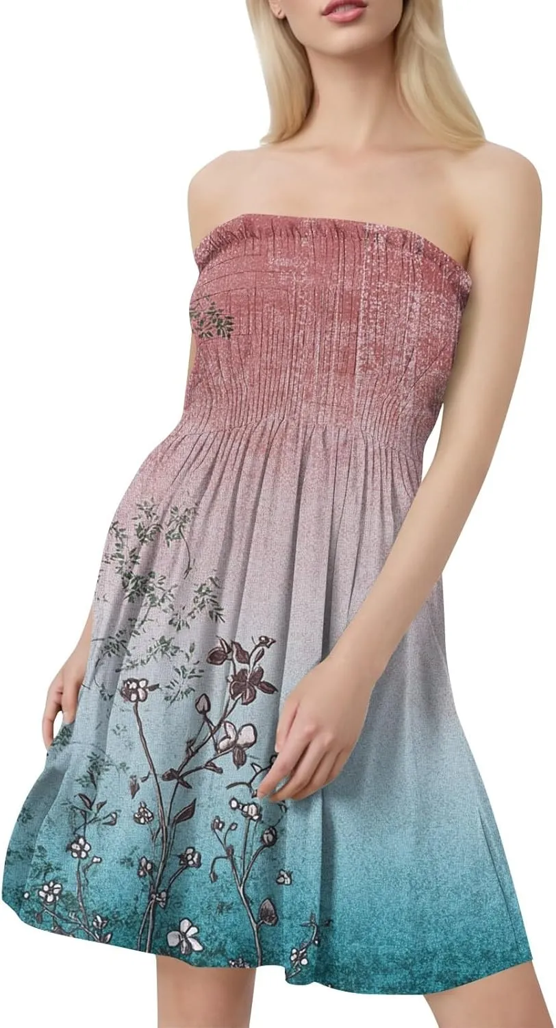 Tube Top Dresses for Women Summer Beach Cover Ups Strapless Boho Floral Print Sundress