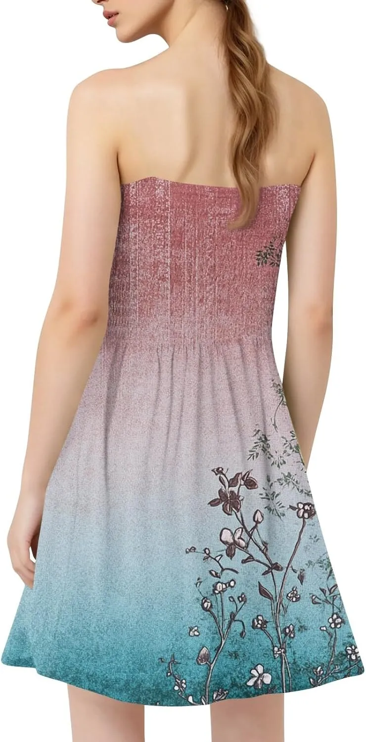 Tube Top Dresses for Women Summer Beach Cover Ups Strapless Boho Floral Print Sundress