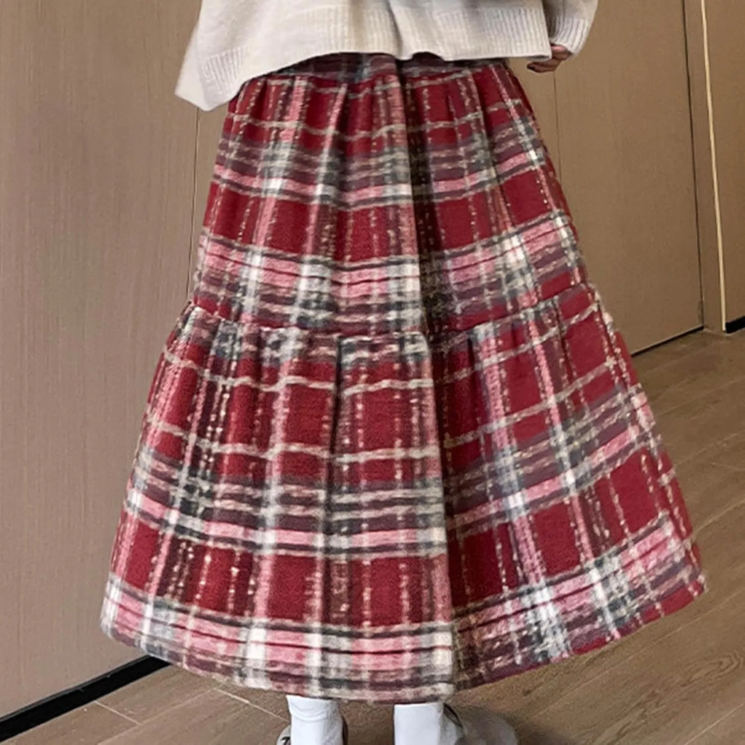 Tweed Skirts for Women Splicing Patchwork High Waisted Elastic Over Keen Length Skirt Plus Size Flowy Skirt Fashion