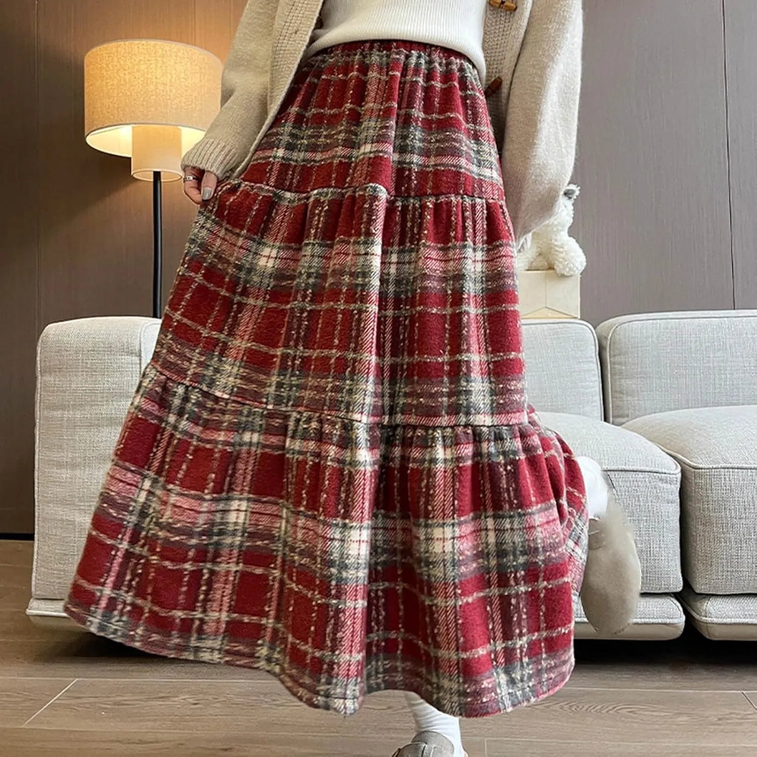 Tweed Skirts for Women Splicing Patchwork High Waisted Elastic Over Keen Length Skirt Plus Size Flowy Skirt Fashion