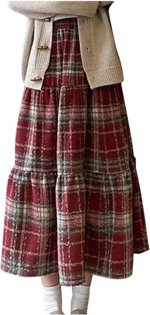 Tweed Skirts for Women Splicing Patchwork High Waisted Elastic Over Keen Length Skirt Plus Size Flowy Skirt Fashion