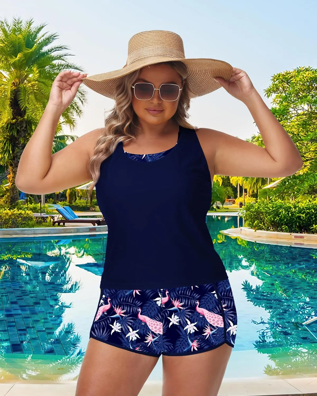 URBEST Women's Plus Size 3 Piece Tankini Bathing Suits, Athletic Swimsuits with Boy Shorts, Tank Top, and Sports Bra