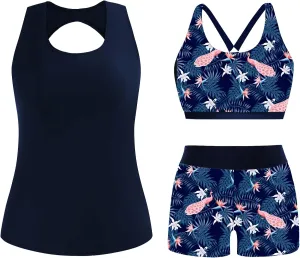 URBEST Women's Plus Size 3 Piece Tankini Bathing Suits, Athletic Swimsuits with Boy Shorts, Tank Top, and Sports Bra