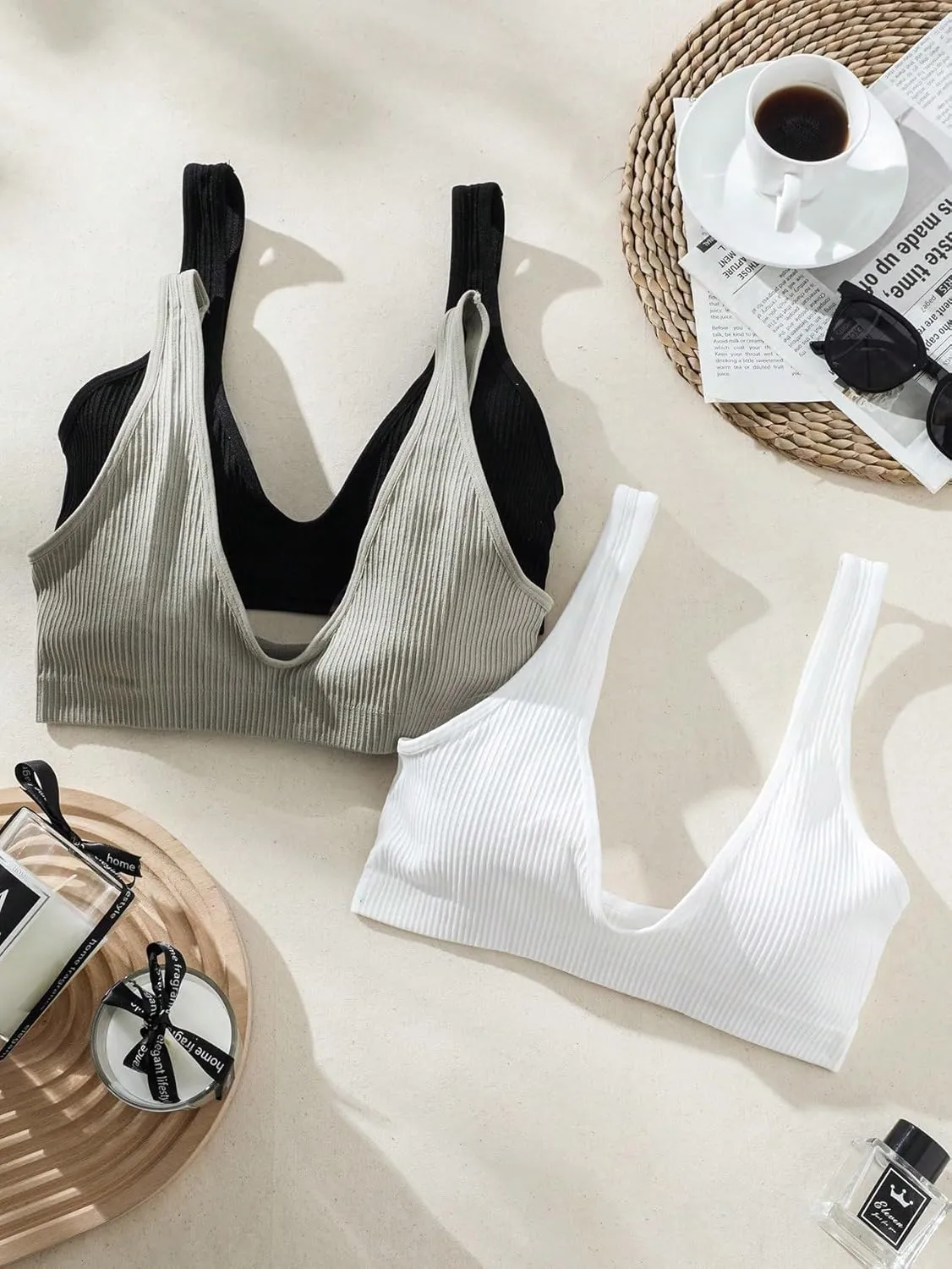 Verdusa Women's 3 Pack Solid Wireless Bras Ribbed Knit No Padding Camisole Bralette