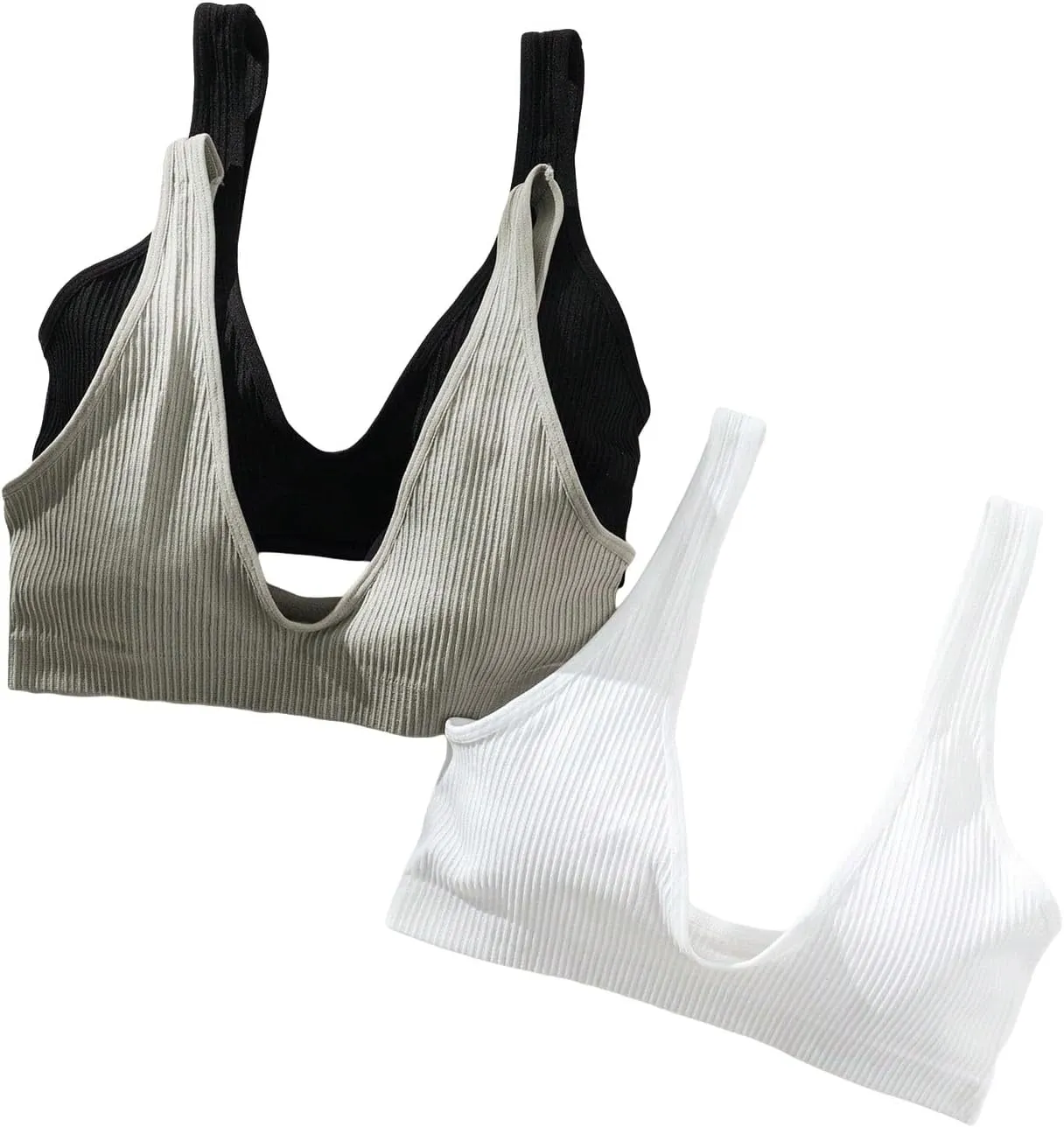 Verdusa Women's 3 Pack Solid Wireless Bras Ribbed Knit No Padding Camisole Bralette