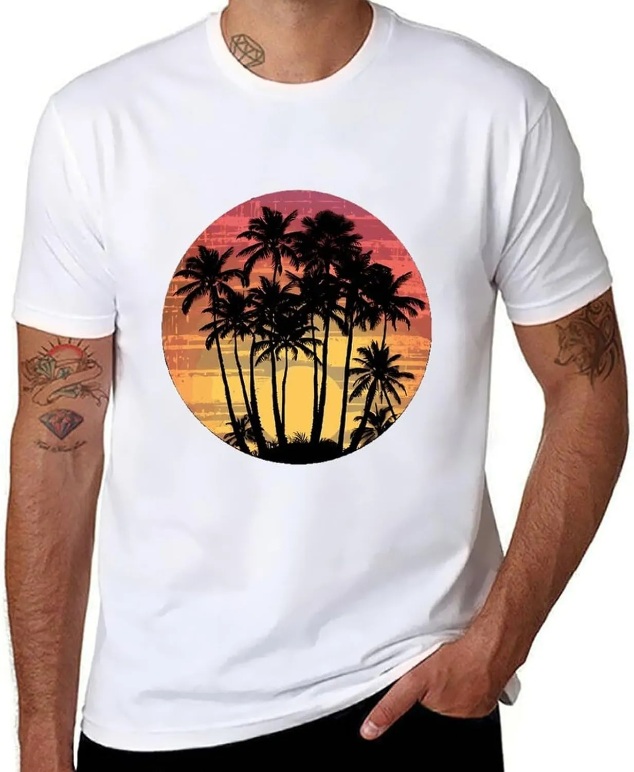 Vintage Hawaii Sunset Palm Trees T Shirts for Men Graphic Tees Crewneck Funny Print T-Shirt Short Sleeve Top