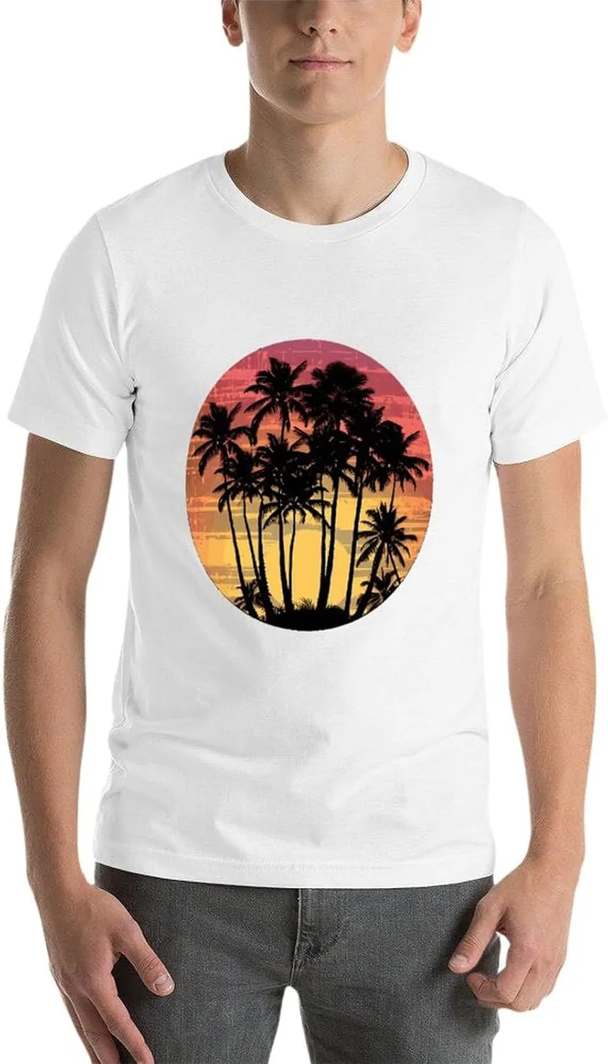 Vintage Hawaii Sunset Palm Trees T Shirts for Men Graphic Tees Crewneck Funny Print T-Shirt Short Sleeve Top
