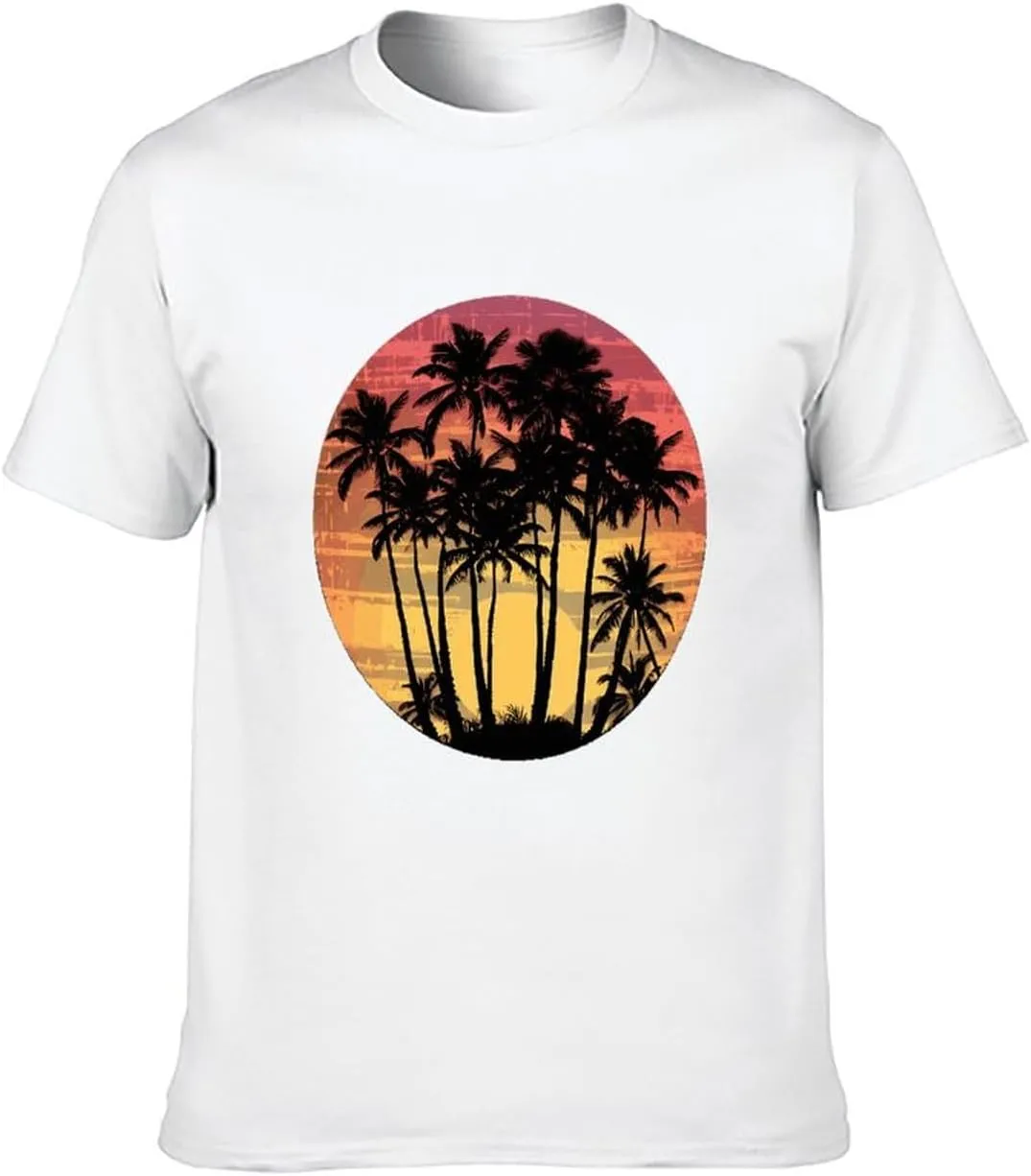 Vintage Hawaii Sunset Palm Trees T Shirts for Men Graphic Tees Crewneck Funny Print T-Shirt Short Sleeve Top