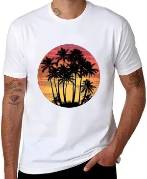 Vintage Hawaii Sunset Palm Trees T Shirts for Men Graphic Tees Crewneck Funny Print T-Shirt Short Sleeve Top