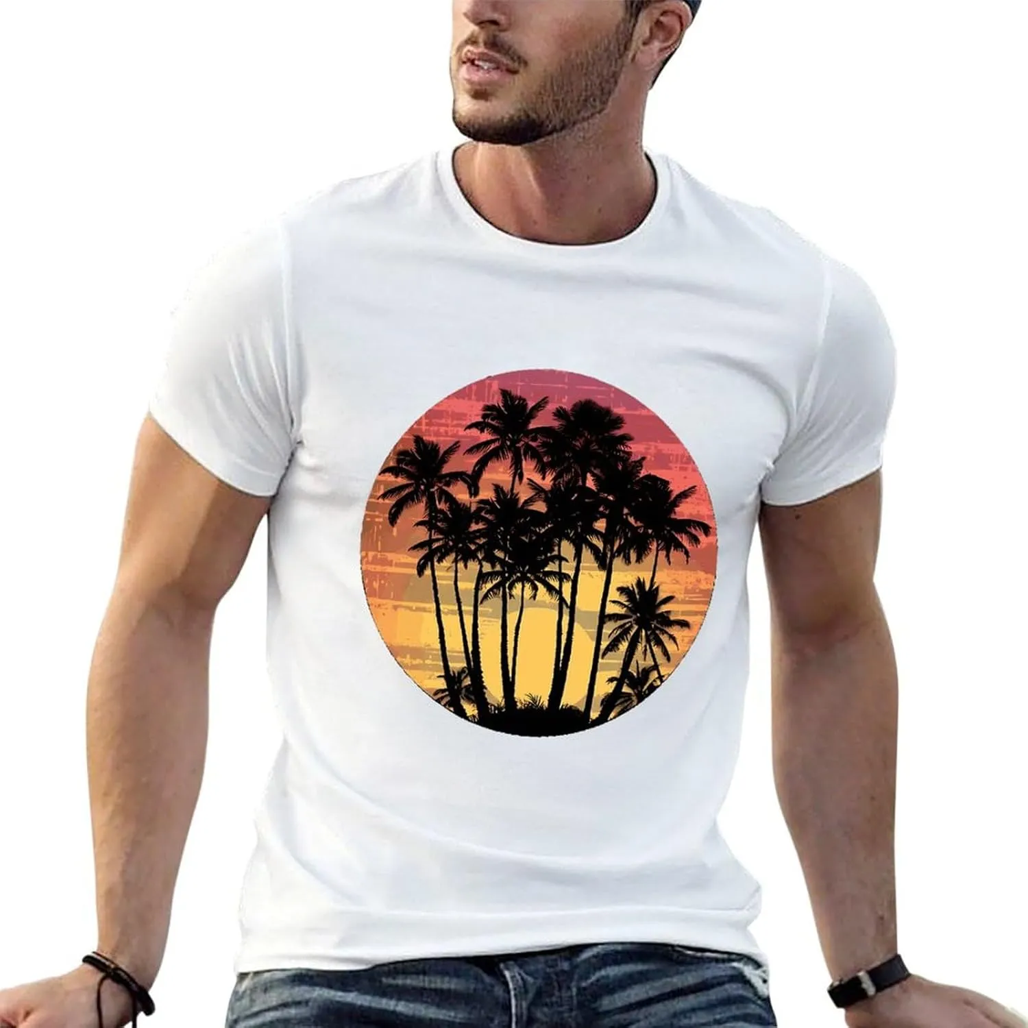 Vintage Hawaii Sunset Palm Trees T Shirts for Men Graphic Tees Crewneck Funny Print T-Shirt Short Sleeve Top