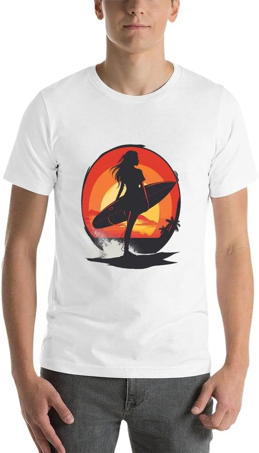 Vintage Sunset Surfing Women with Surfboard T Shirts for Men Graphic Tees Crewneck Funny Print T-Shirt Short Sleeve Top