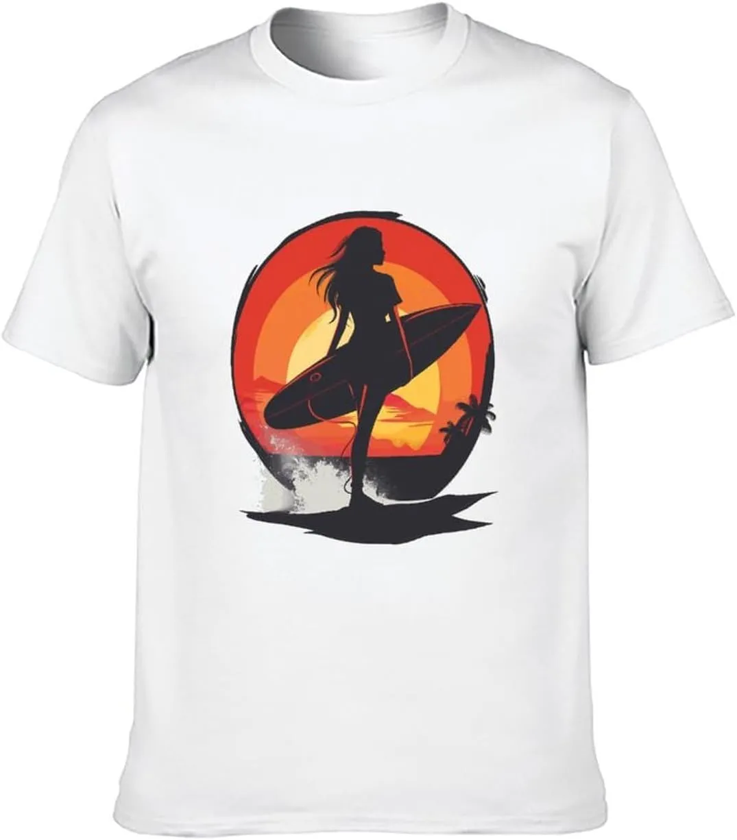Vintage Sunset Surfing Women with Surfboard T Shirts for Men Graphic Tees Crewneck Funny Print T-Shirt Short Sleeve Top