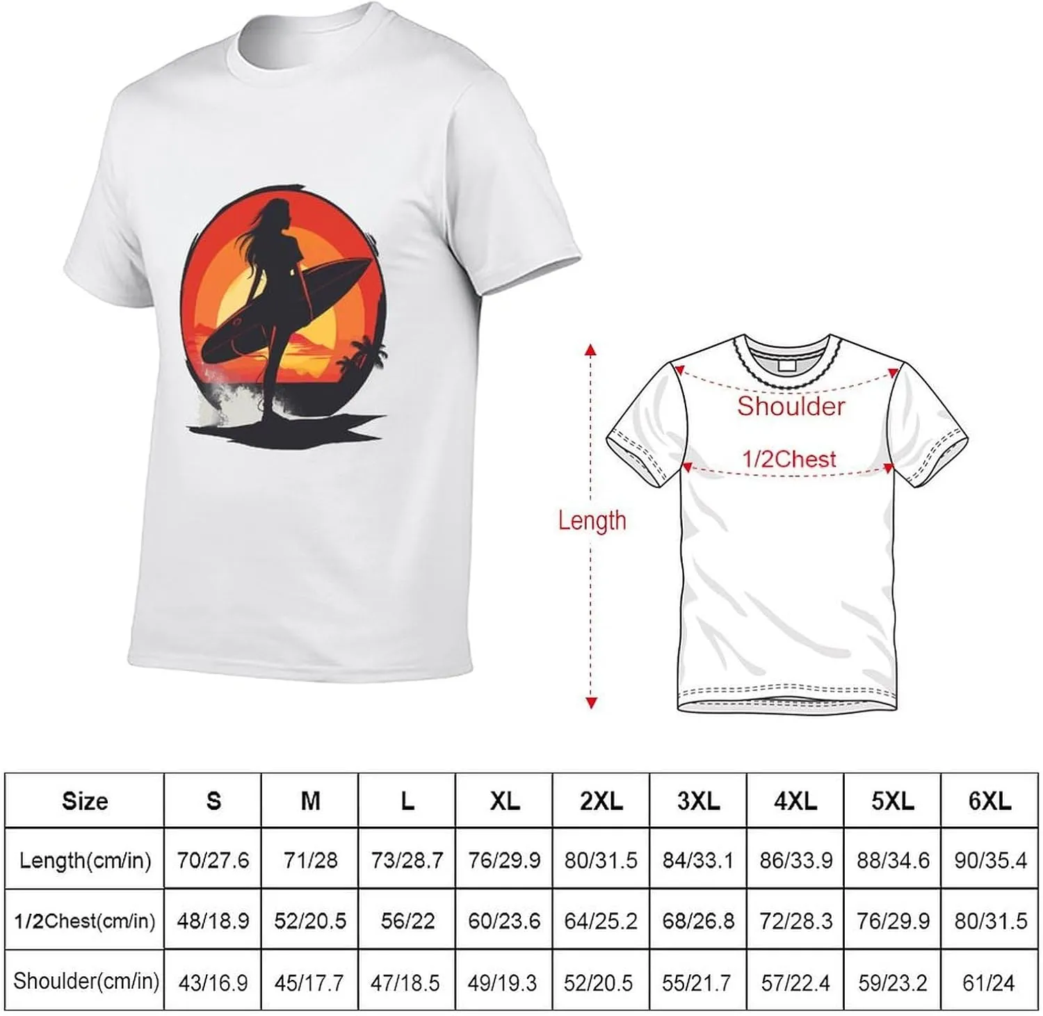 Vintage Sunset Surfing Women with Surfboard T Shirts for Men Graphic Tees Crewneck Funny Print T-Shirt Short Sleeve Top