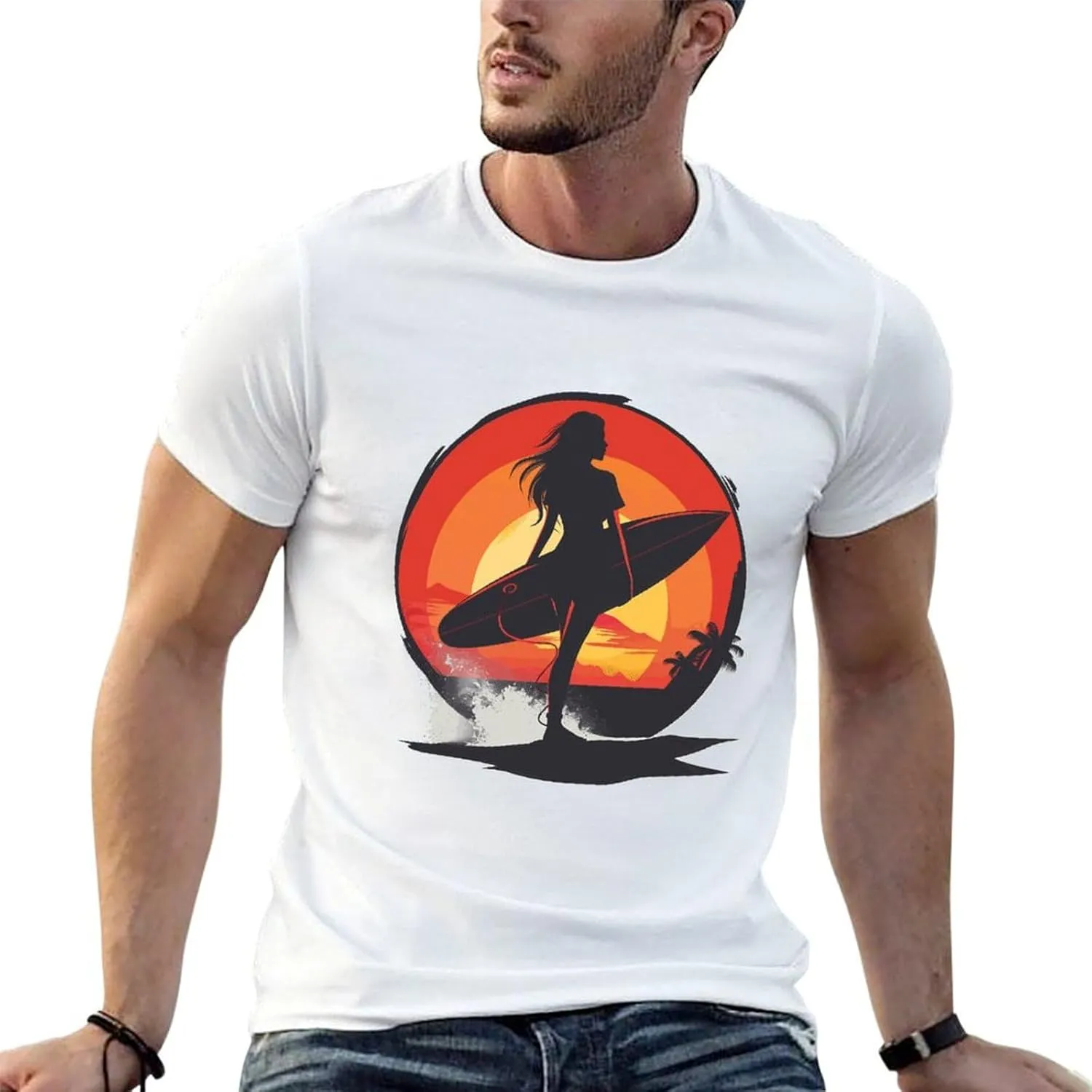 Vintage Sunset Surfing Women with Surfboard T Shirts for Men Graphic Tees Crewneck Funny Print T-Shirt Short Sleeve Top