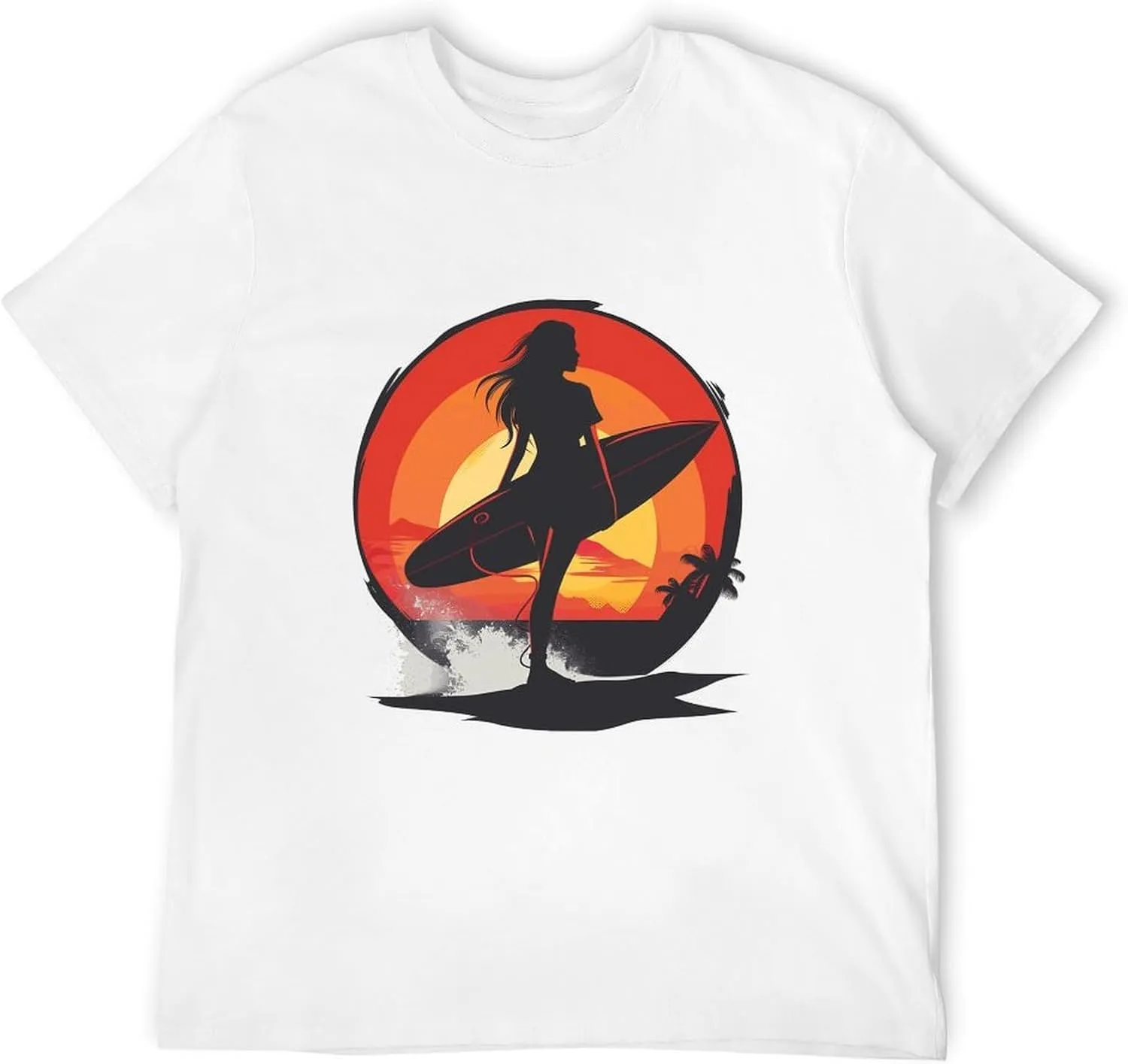 Vintage Sunset Surfing Women with Surfboard T Shirts for Men Graphic Tees Crewneck Funny Print T-Shirt Short Sleeve Top