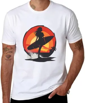 Vintage Sunset Surfing Women with Surfboard T Shirts for Men Graphic Tees Crewneck Funny Print T-Shirt Short Sleeve Top