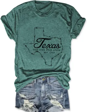 Vintage Texas T Shirt 1845 Womens Summer Funny Casual Map Graphic Tees Short Sleeve Tops