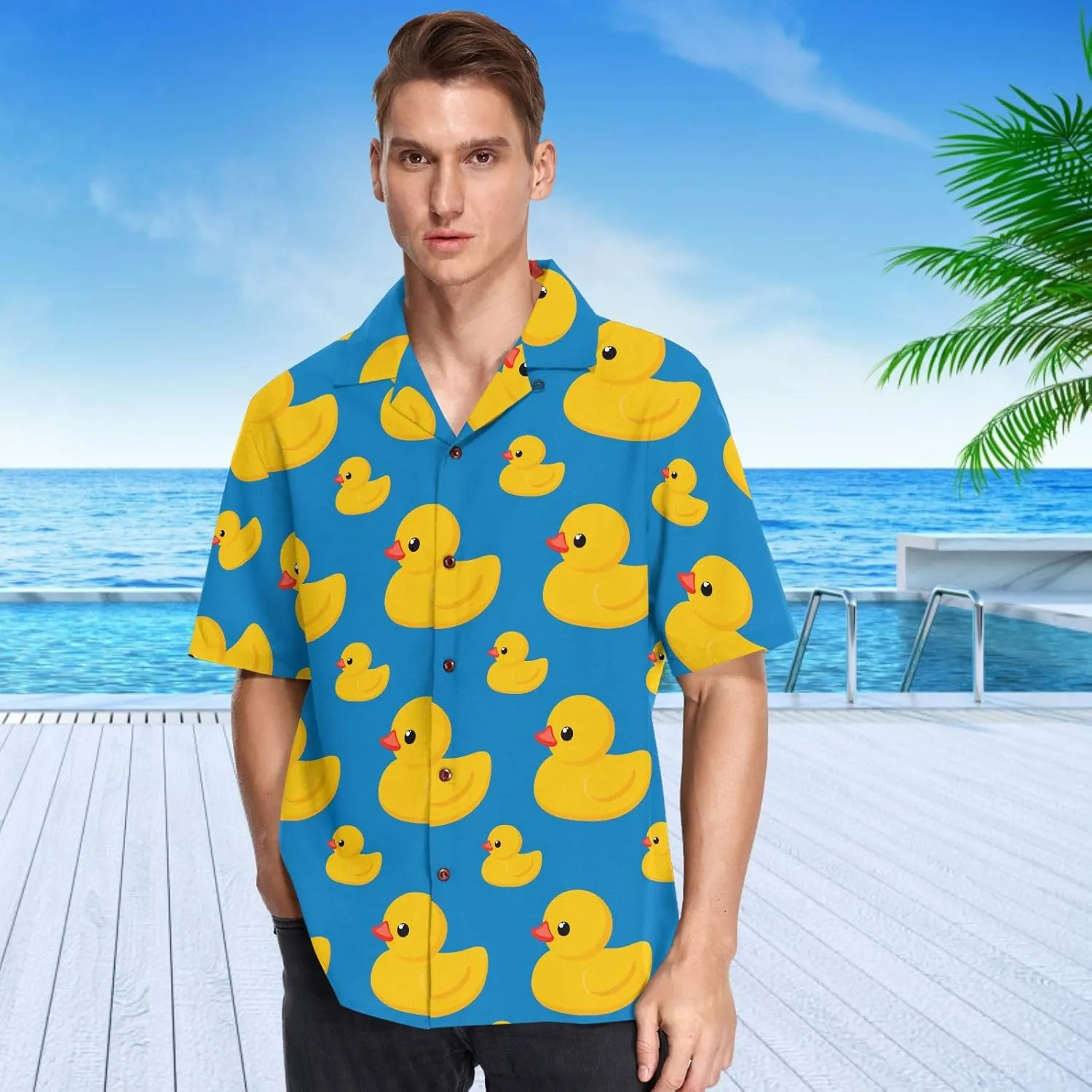visesunny Stylish Men's Seasonal Hawaiian Print Button Down Short Sleeve Shirt S-XXL