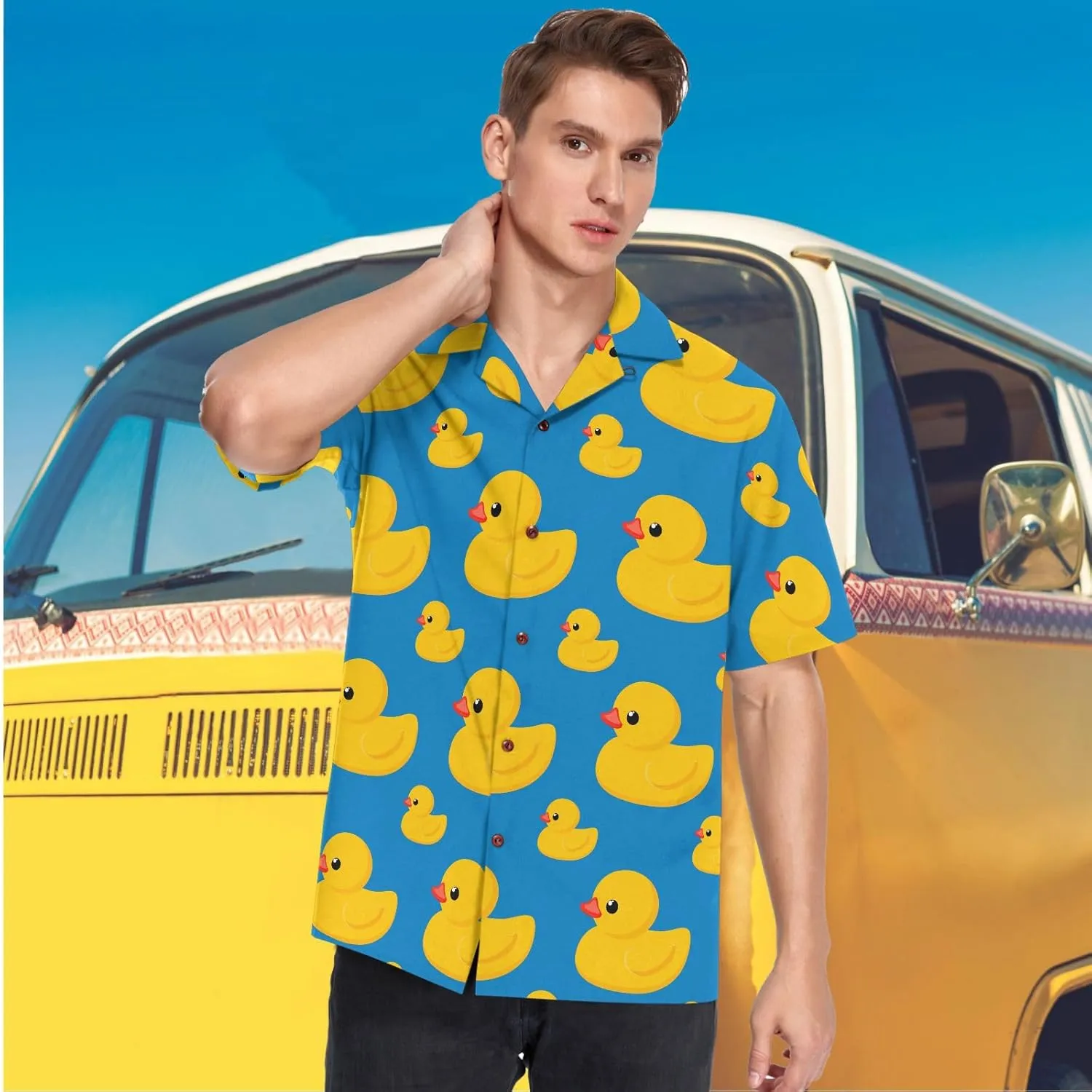 visesunny Stylish Men's Seasonal Hawaiian Print Button Down Short Sleeve Shirt S-XXL