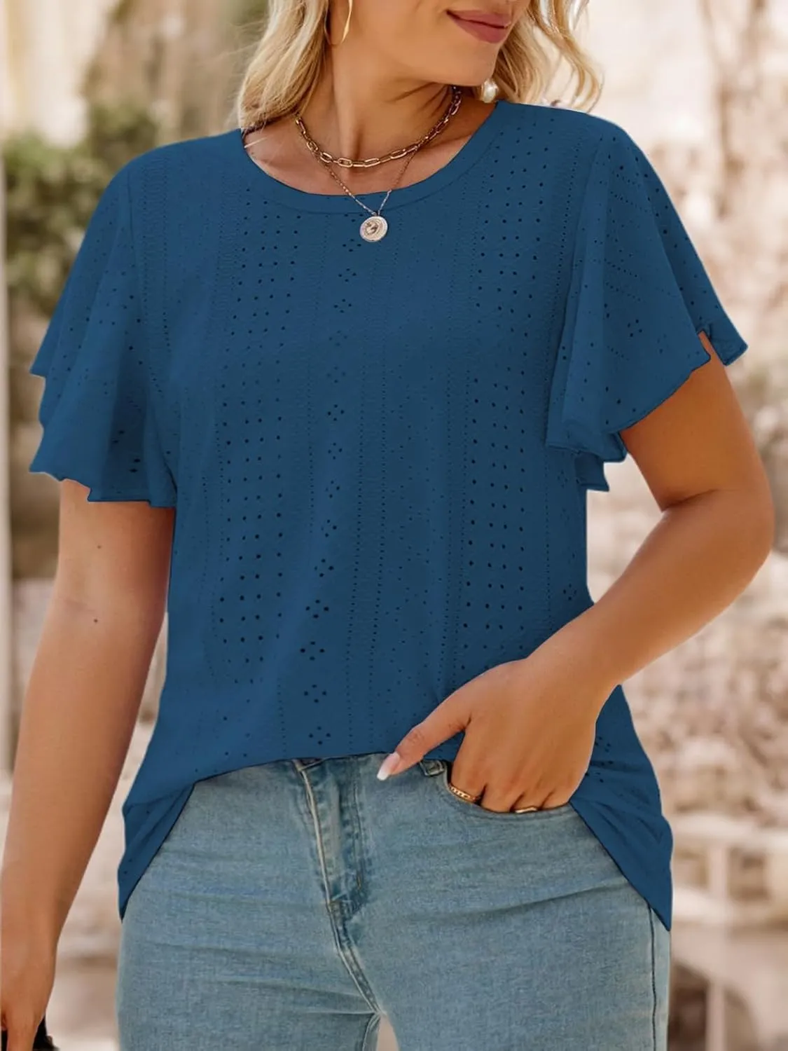 VISLILY Womens-Plus-Size-Summer-Tops Ruffle Short Sleeve T Shirts Crewneck Eyelet Tunics Casual Loose Tee
