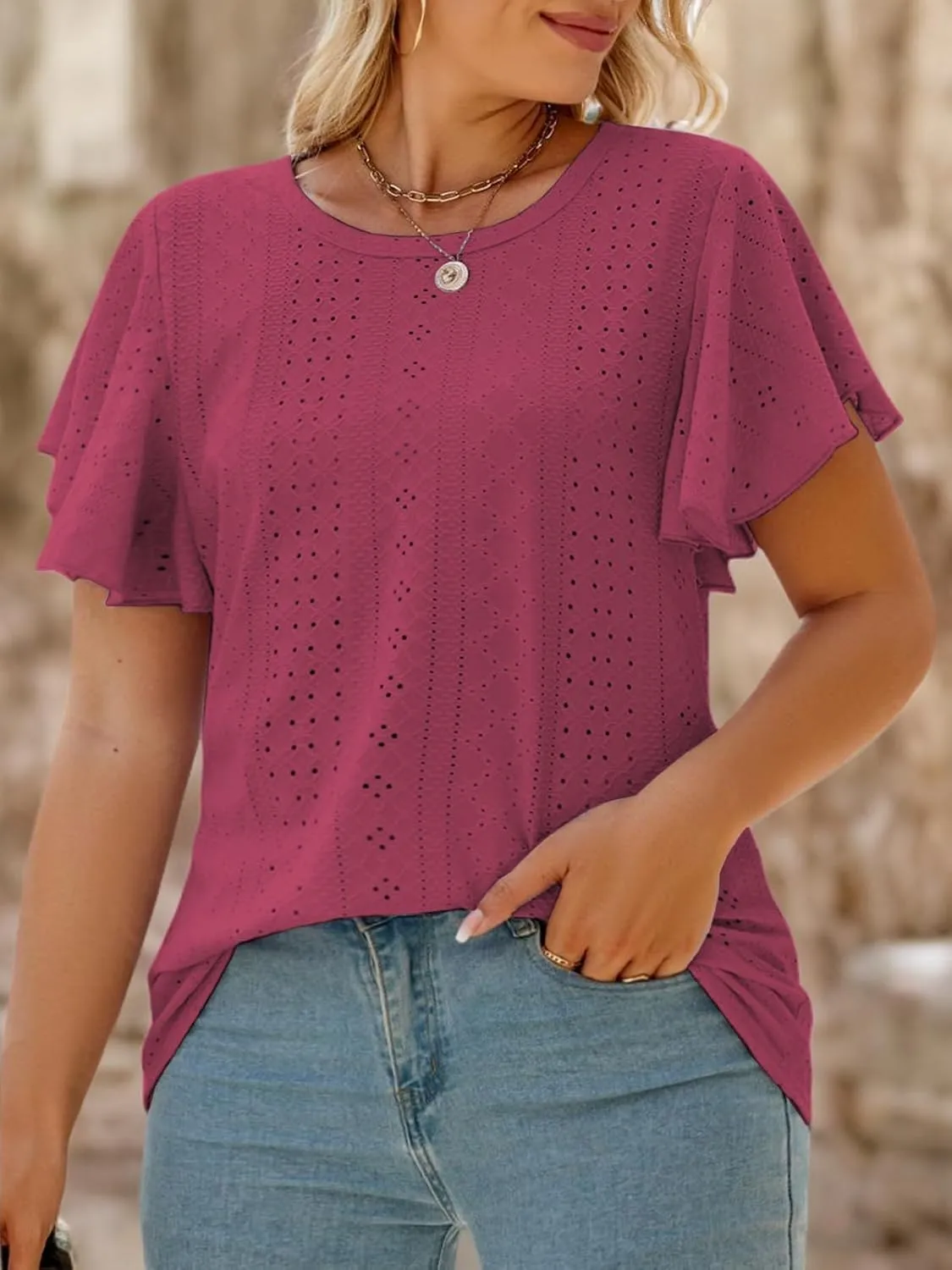 VISLILY Womens-Plus-Size-Summer-Tops Ruffle Short Sleeve T Shirts Crewneck Eyelet Tunics Casual Loose Tee