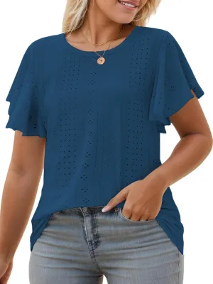VISLILY Womens-Plus-Size-Summer-Tops Ruffle Short Sleeve T Shirts Crewneck Eyelet Tunics Casual Loose Tee