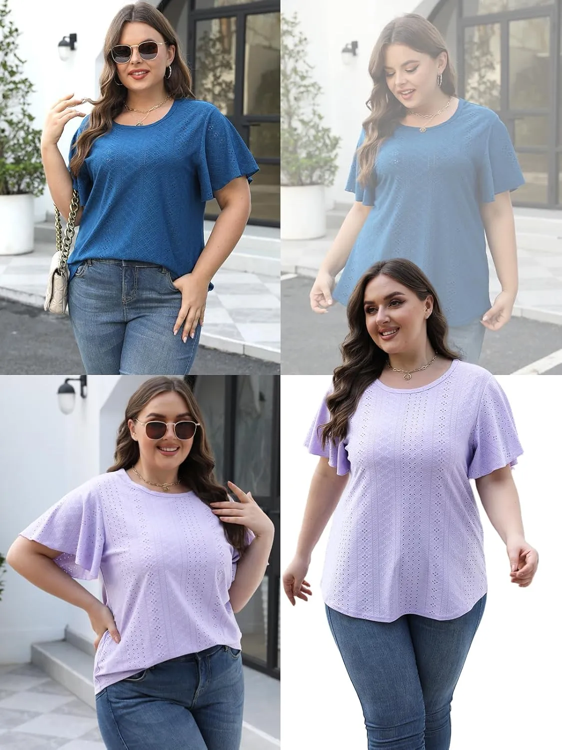 VISLILY Womens-Plus-Size-Summer-Tops Ruffle Short Sleeve T Shirts Crewneck Eyelet Tunics Casual Loose Tee