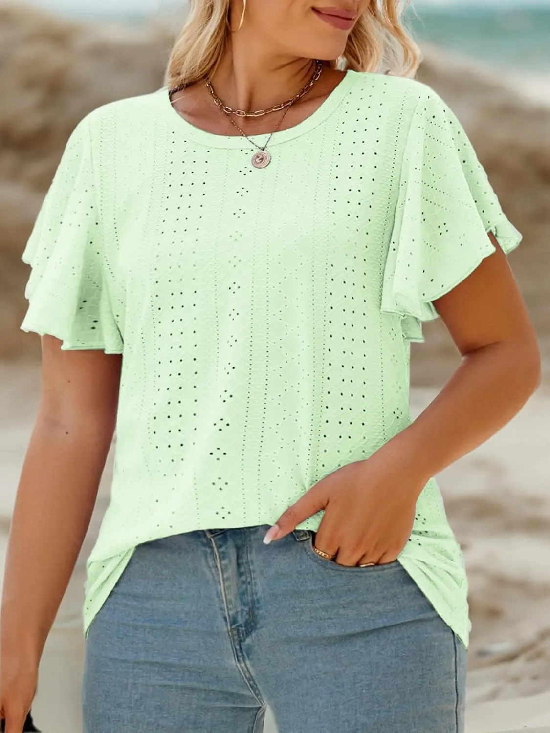 VISLILY Womens-Plus-Size-Summer-Tops Ruffle Short Sleeve T Shirts Crewneck Eyelet Tunics Casual Loose Tee