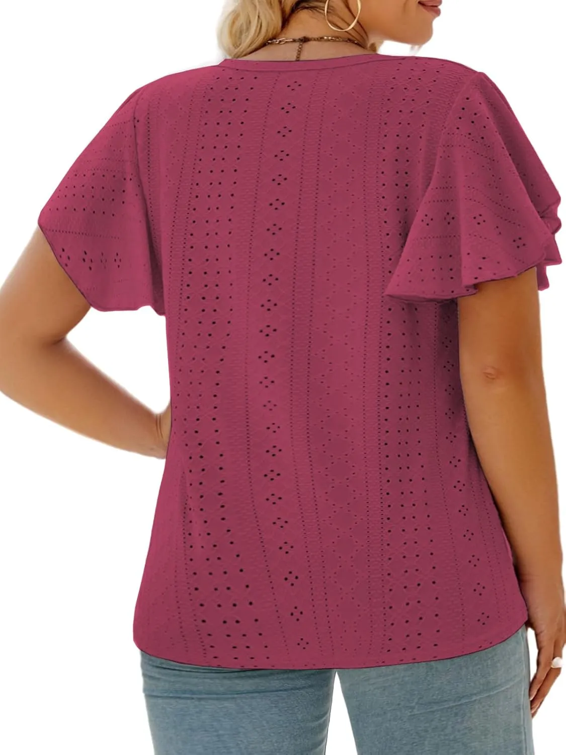 VISLILY Womens-Plus-Size-Summer-Tops Ruffle Short Sleeve T Shirts Crewneck Eyelet Tunics Casual Loose Tee
