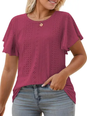 VISLILY Womens-Plus-Size-Summer-Tops Ruffle Short Sleeve T Shirts Crewneck Eyelet Tunics Casual Loose Tee