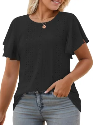 VISLILY Womens-Plus-Size-Summer-Tops Ruffle Short Sleeve T Shirts Crewneck Eyelet Tunics Casual Loose Tee