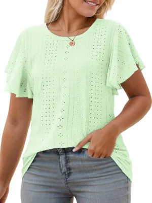 VISLILY Womens-Plus-Size-Summer-Tops Ruffle Short Sleeve T Shirts Crewneck Eyelet Tunics Casual Loose Tee