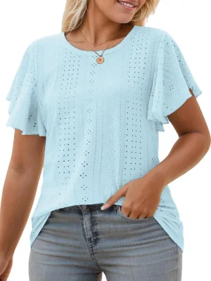 VISLILY Womens-Plus-Size-Summer-Tops Ruffle Short Sleeve T Shirts Crewneck Eyelet Tunics Casual Loose Tee