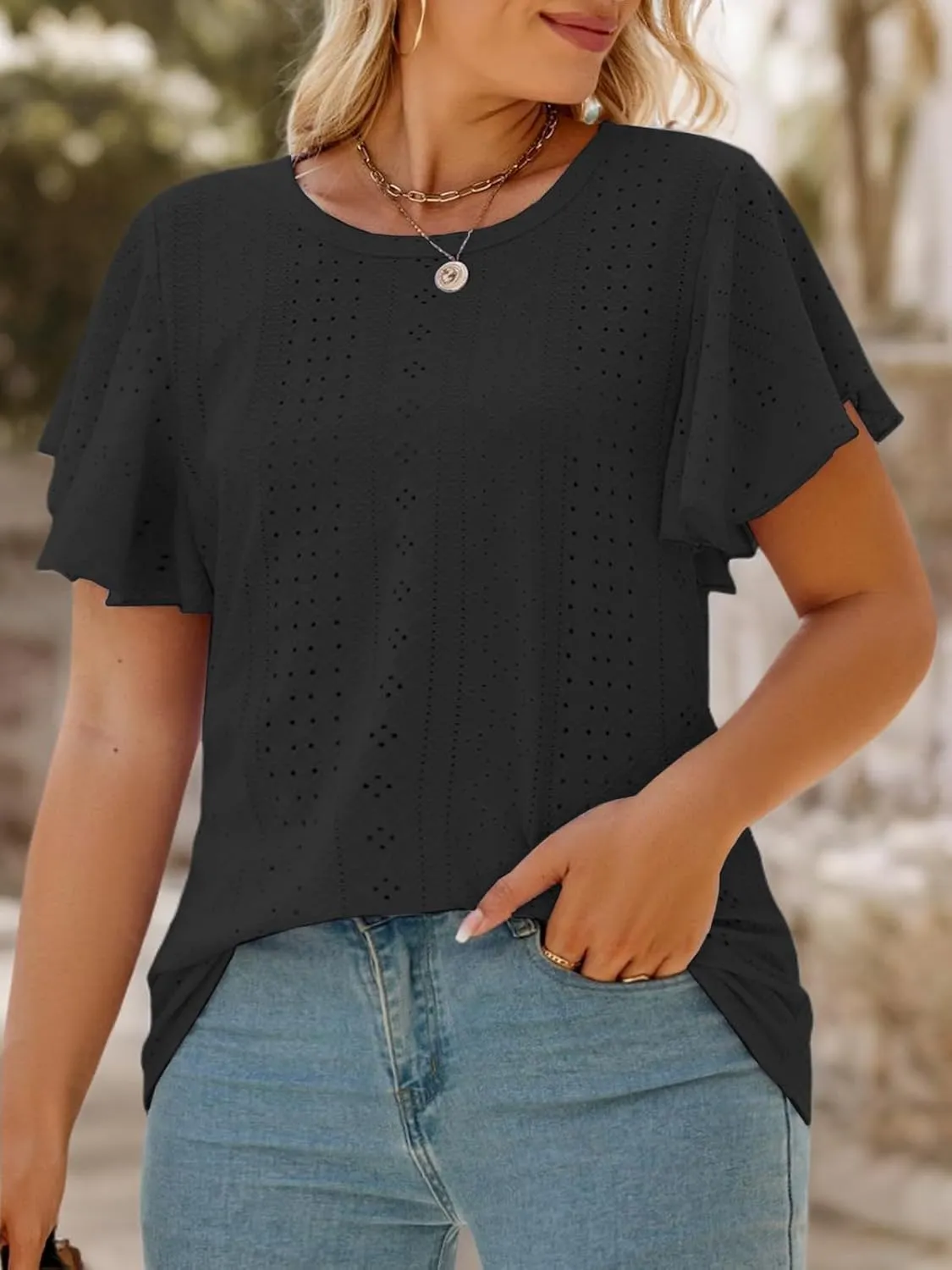 VISLILY Womens-Plus-Size-Summer-Tops Ruffle Short Sleeve T Shirts Crewneck Eyelet Tunics Casual Loose Tee