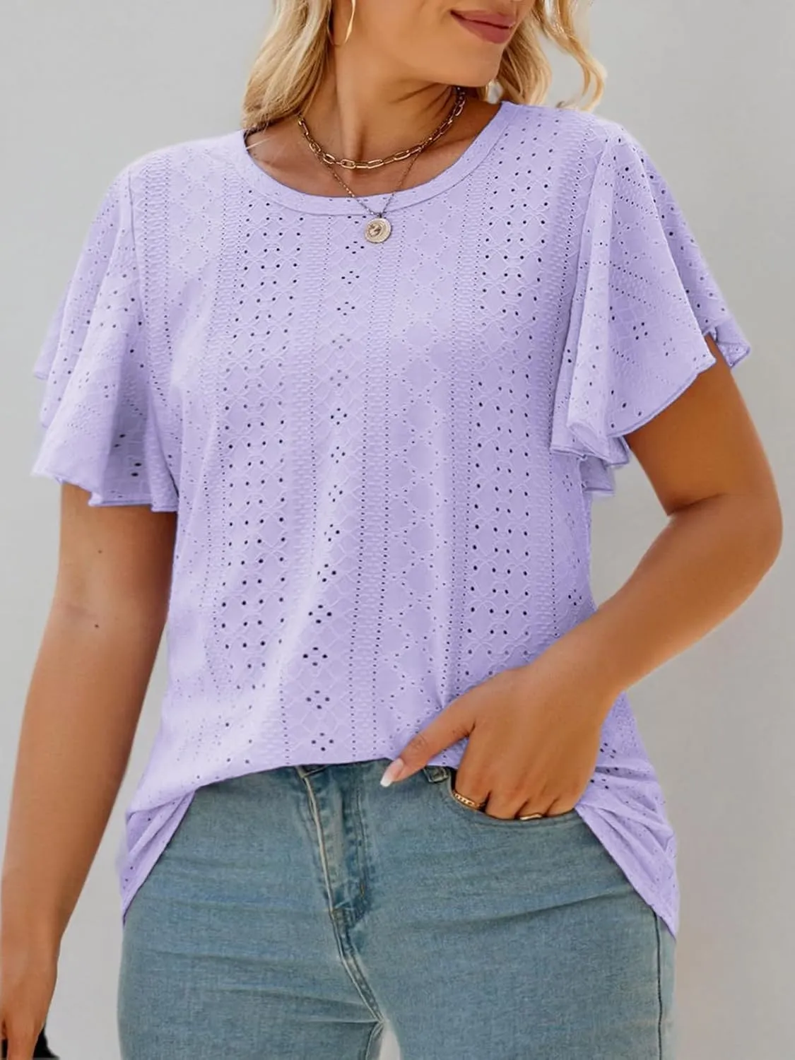 VISLILY Womens-Plus-Size-Summer-Tops Ruffle Short Sleeve T Shirts Crewneck Eyelet Tunics Casual Loose Tee