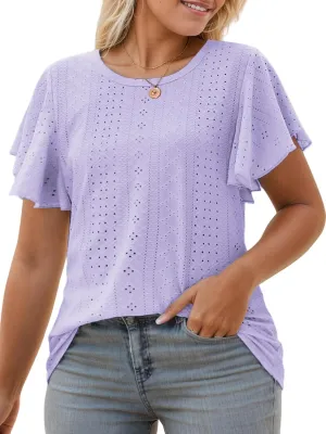 VISLILY Womens-Plus-Size-Summer-Tops Ruffle Short Sleeve T Shirts Crewneck Eyelet Tunics Casual Loose Tee