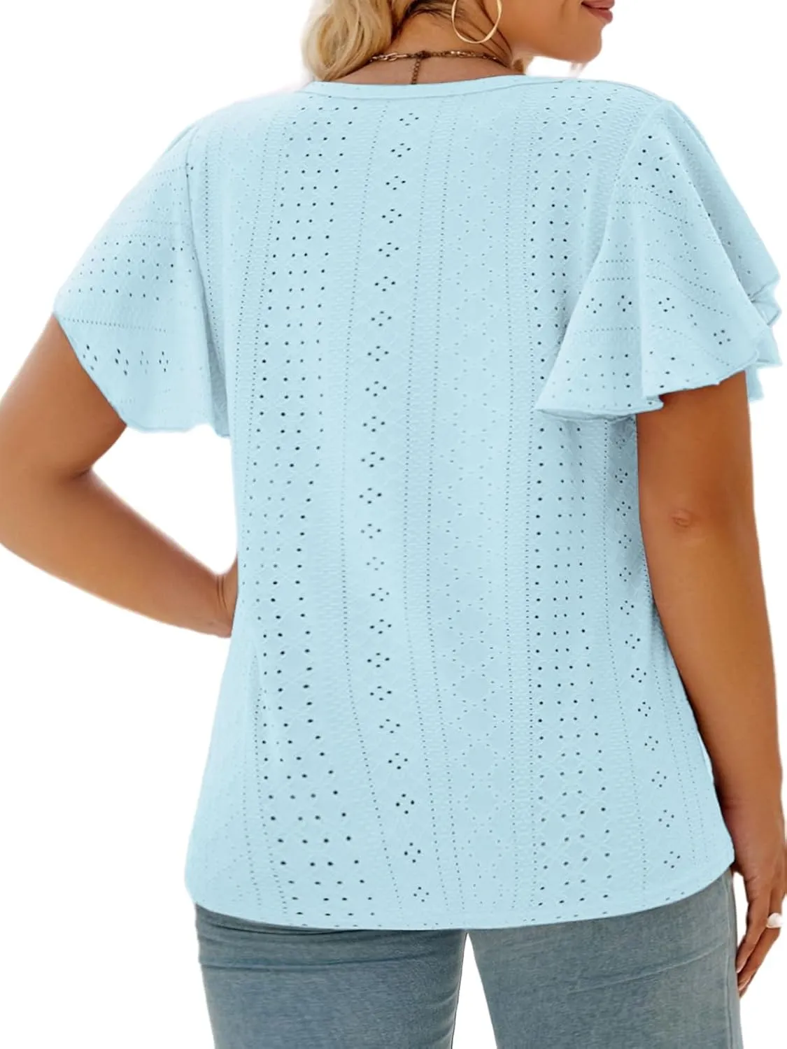 VISLILY Womens-Plus-Size-Summer-Tops Ruffle Short Sleeve T Shirts Crewneck Eyelet Tunics Casual Loose Tee