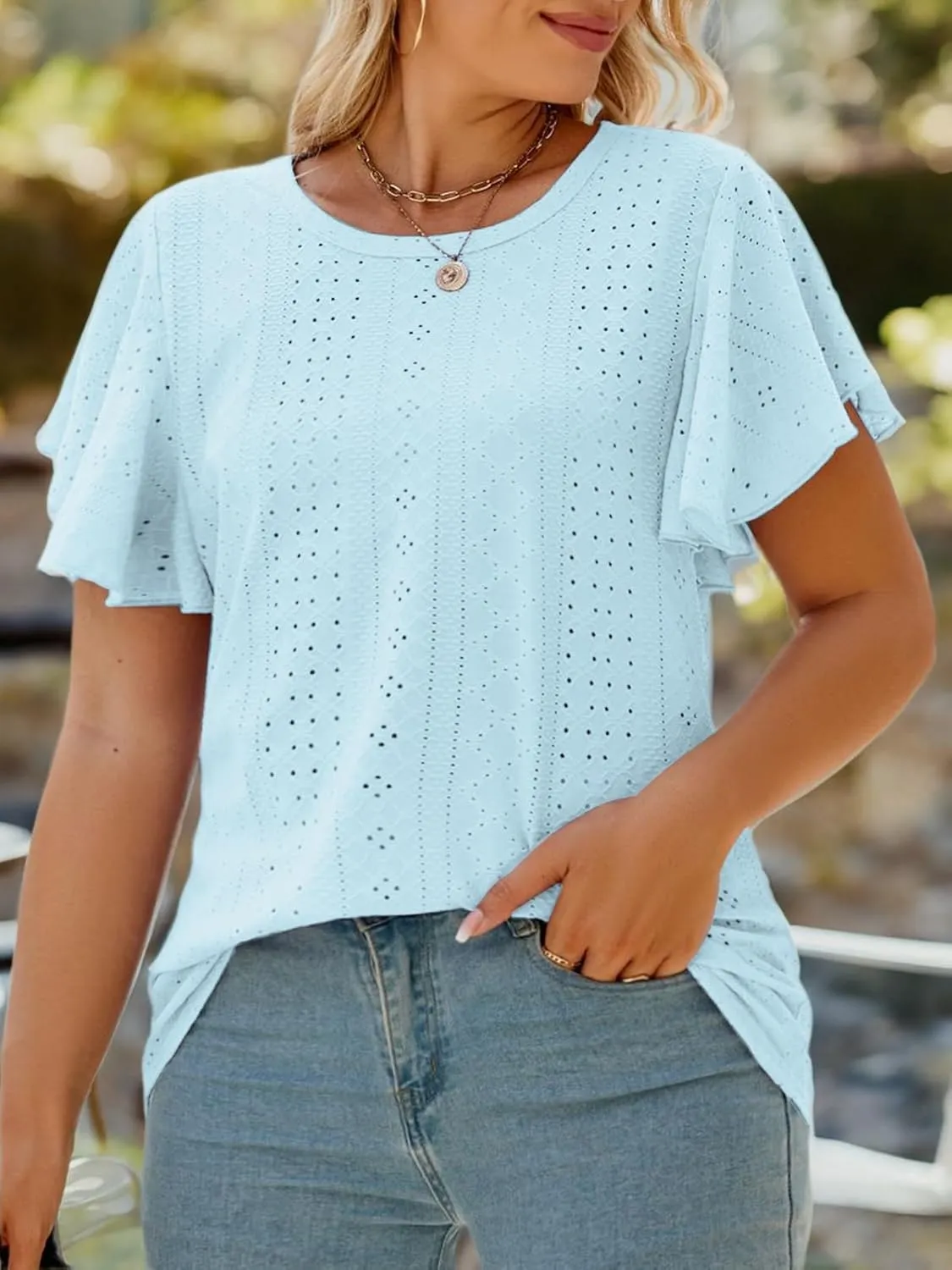 VISLILY Womens-Plus-Size-Summer-Tops Ruffle Short Sleeve T Shirts Crewneck Eyelet Tunics Casual Loose Tee