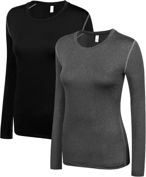 WANAYOU Women's 2-3 Pack Compression Shirt Long Sleeve Dry Fit Workout Tops Breathable Performance Running Athletic T-Shirt