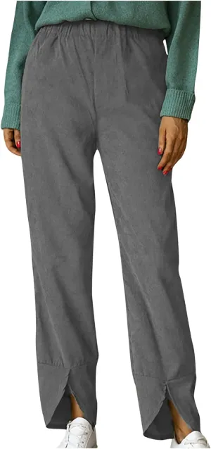 Wide Leg Pants Business Casual Straight Office Trousers for Women Solid Color Elastic Waist Curved Slit Lounge Pants
