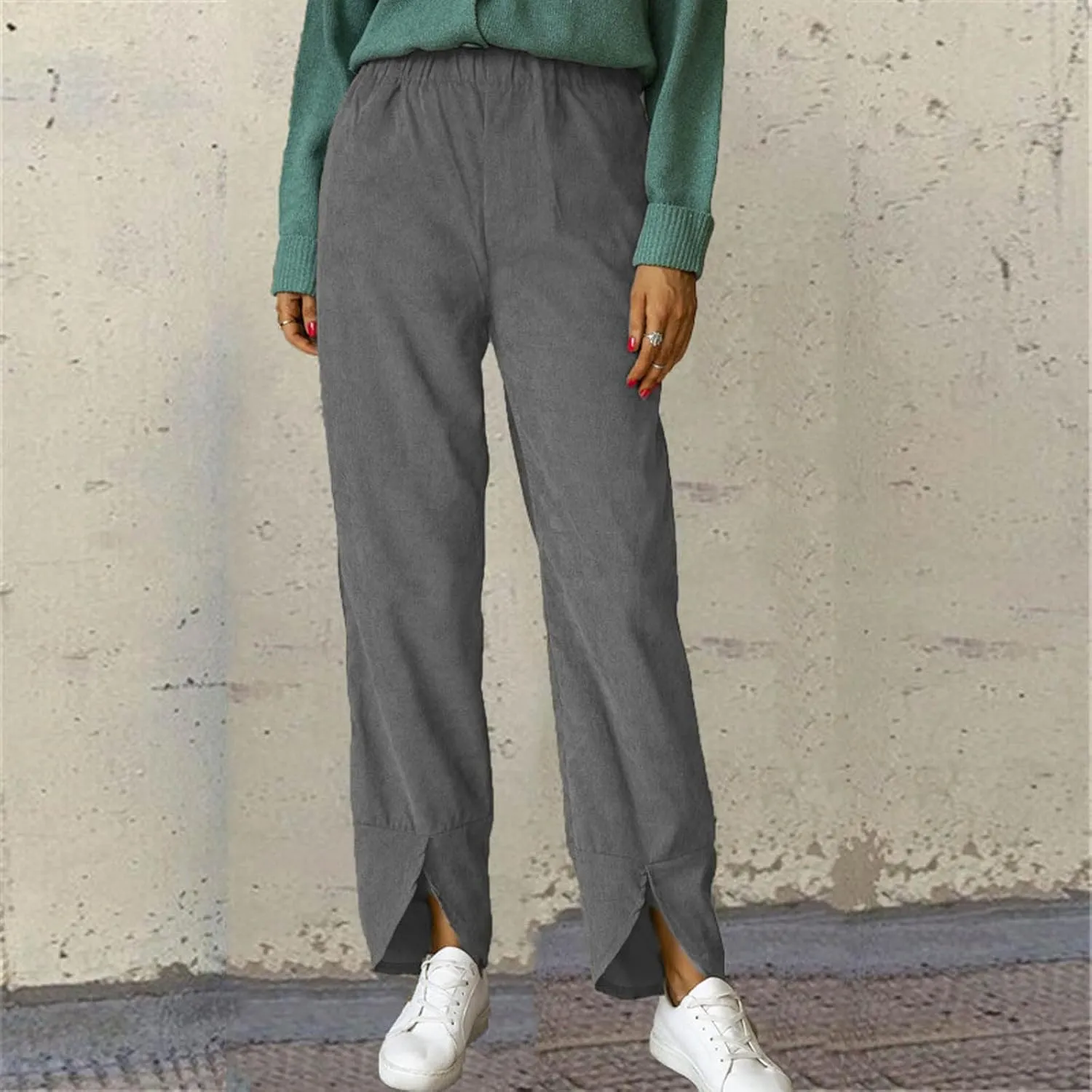 Wide Leg Pants Business Casual Straight Office Trousers for Women Solid Color Elastic Waist Curved Slit Lounge Pants
