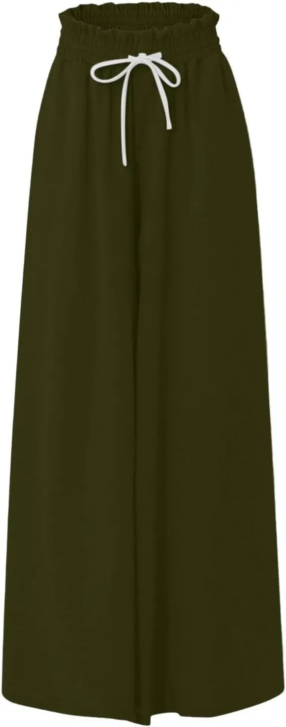 Wide Leg Pants Woman High Waisted Floral Boho Beach Casual Pants Cute Summer Flowy Palazzo Culottes with Pockets