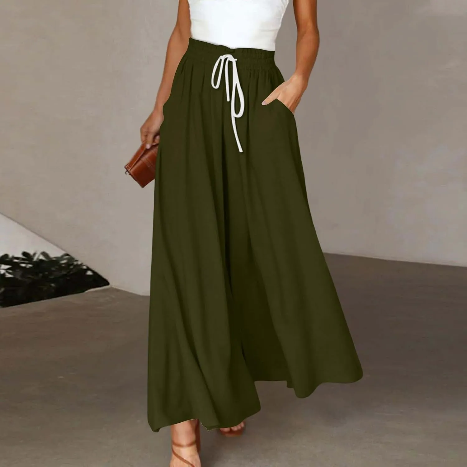 Wide Leg Pants Woman High Waisted Floral Boho Beach Casual Pants Cute Summer Flowy Palazzo Culottes with Pockets